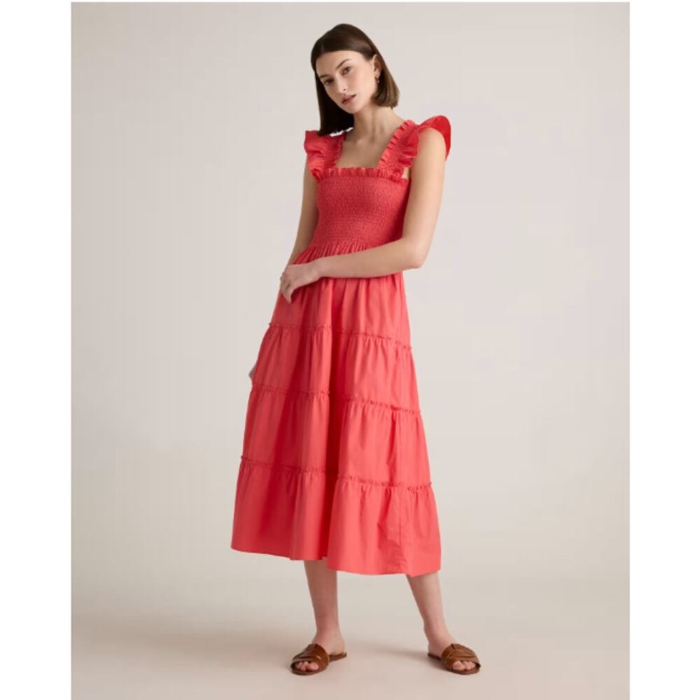 Quince Organic Cotton Poplin Smocked Midi Dress Coral Ruffle Strap Tiered Sz M